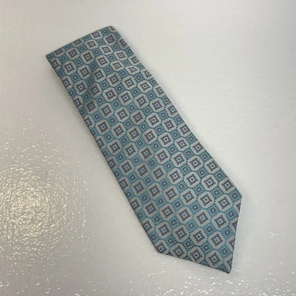 Banana Republic Silk Necktie Mens‎ OS Blue Geometric Square Made in Italy Luxury